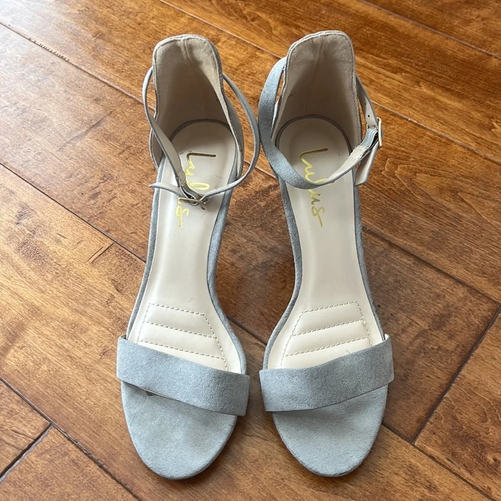 LULUS Chloe Grey Ankle Strap Heels Size 7